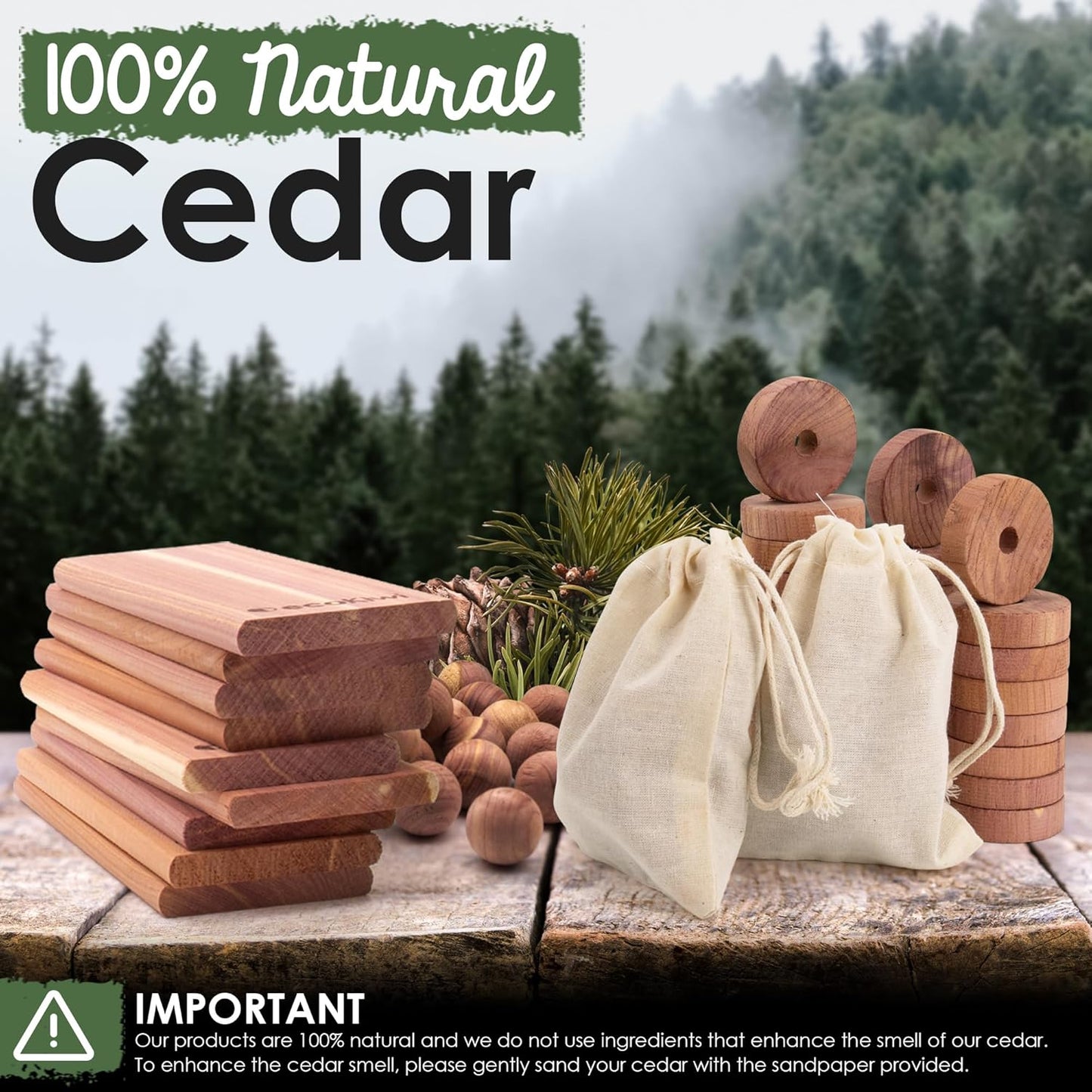 ecoKiwi Cedar Blocks for Clothes Storage Super Bundle Box - Cedar Hangers x10, Balls x30 & Rings x28-100% Natural Oil Planks & Chips for Closets & Drawers - Aromatic Red Cedar Wood with Sandpaper