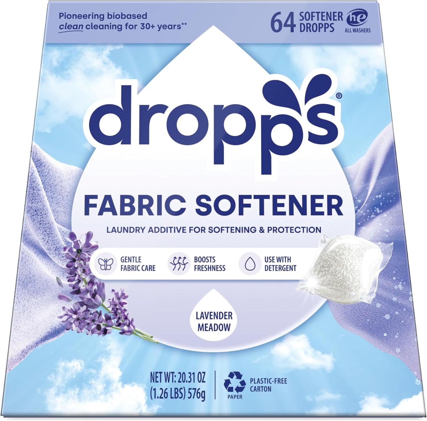 Dropps Laundry Fabric Softener Pods, Lavender Meadow (64 Pods) - Laundry Additive for Softening & Protection - HE Compatible Mineral Based Ingredients Laundry Supplies