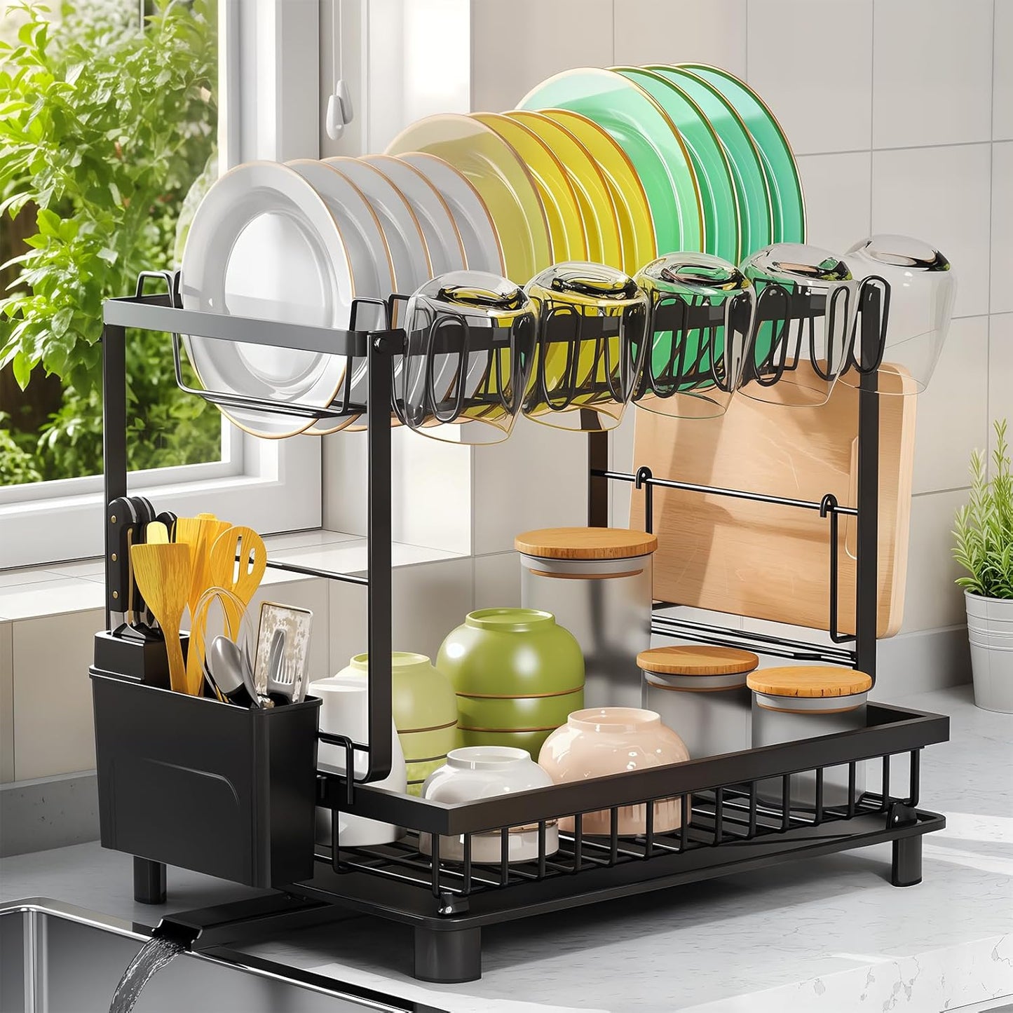Dish Drying Rack, 2 Tier Space-Saving Dish Rack, Multifunctional Dish Drainer for Kitchen Counter with Drainboard/Utensil/Cup Holder Rustproof Carbon Steel, Black