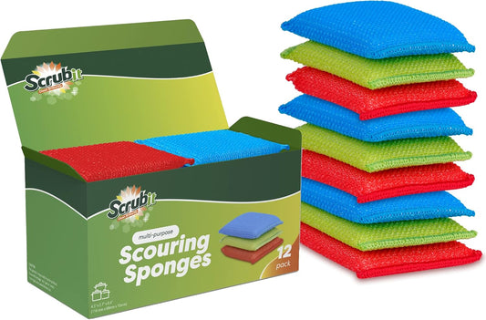 SCRUBIT Multi-Purpose Dish Scrub Sponge, Non Scratch Scouring Pads, Cleaning Sponges for pots & Dishes - Pot Scrubber Sponges for Kitchen & Bathroom - 12 Pack Dish Sponge (Blue,Red,Green)
