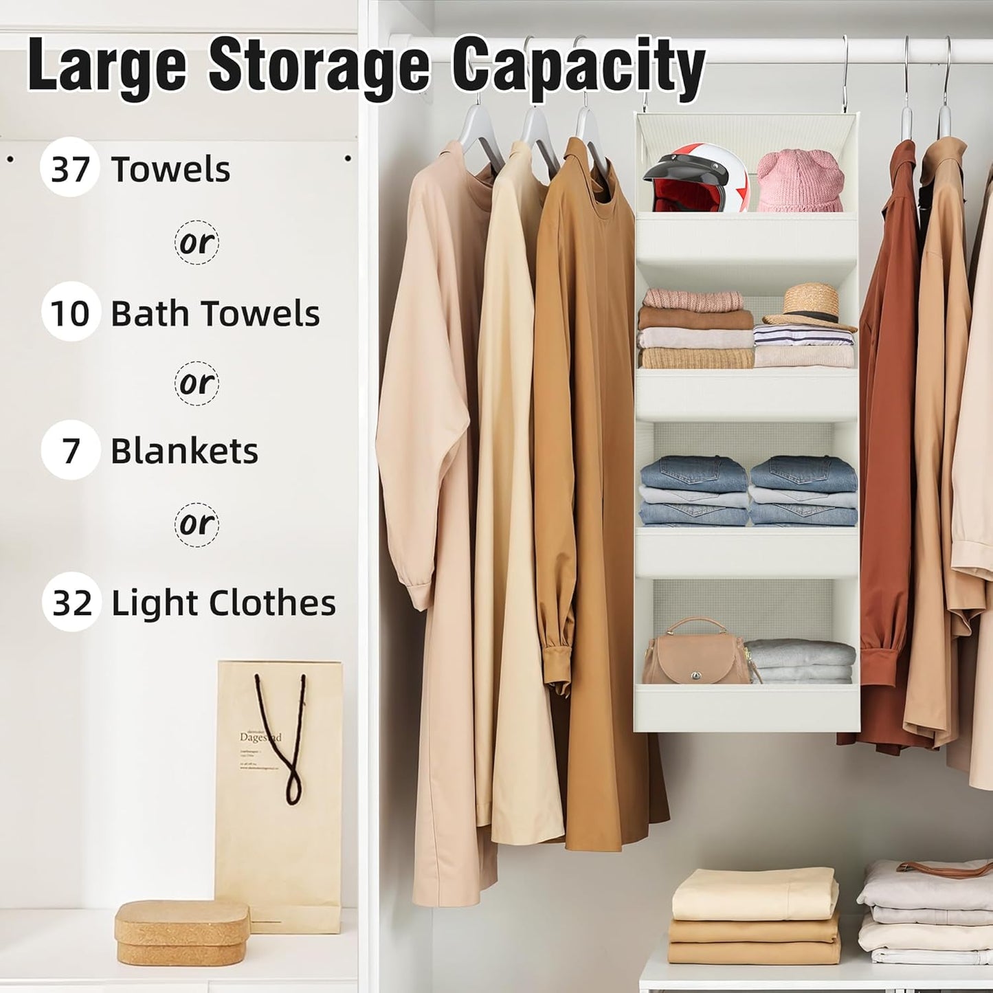 GRANNY SAYS 4-Shelf Hanging Organizer, Closet Hanging Shelves, Closet Hanging Storage Organizers, Organization for Bedroom, Living Room, Baby Nursery, Camper Accessories, Beige, 1-Pack
