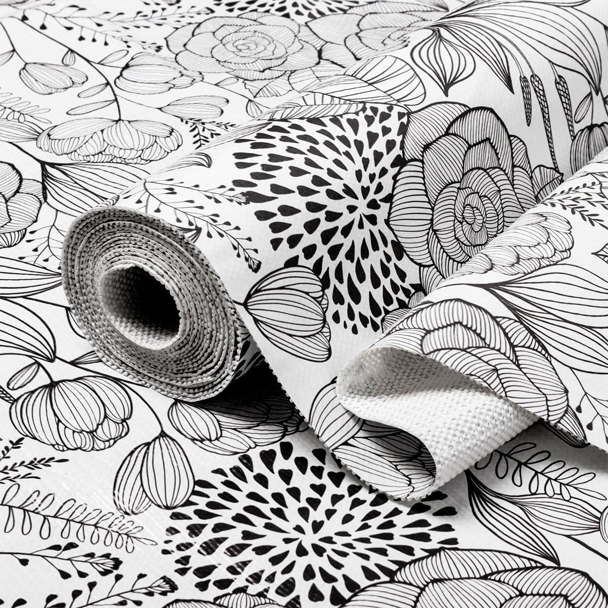 Floral Drawer and Shelf Liner for Kitchen 16IN x 10FT, Non-Adhesive and Strong Non-Slip Cabinet Drawer Liners, Waterproof Thickened Shelf Liner,Easy to Clean,Black and White