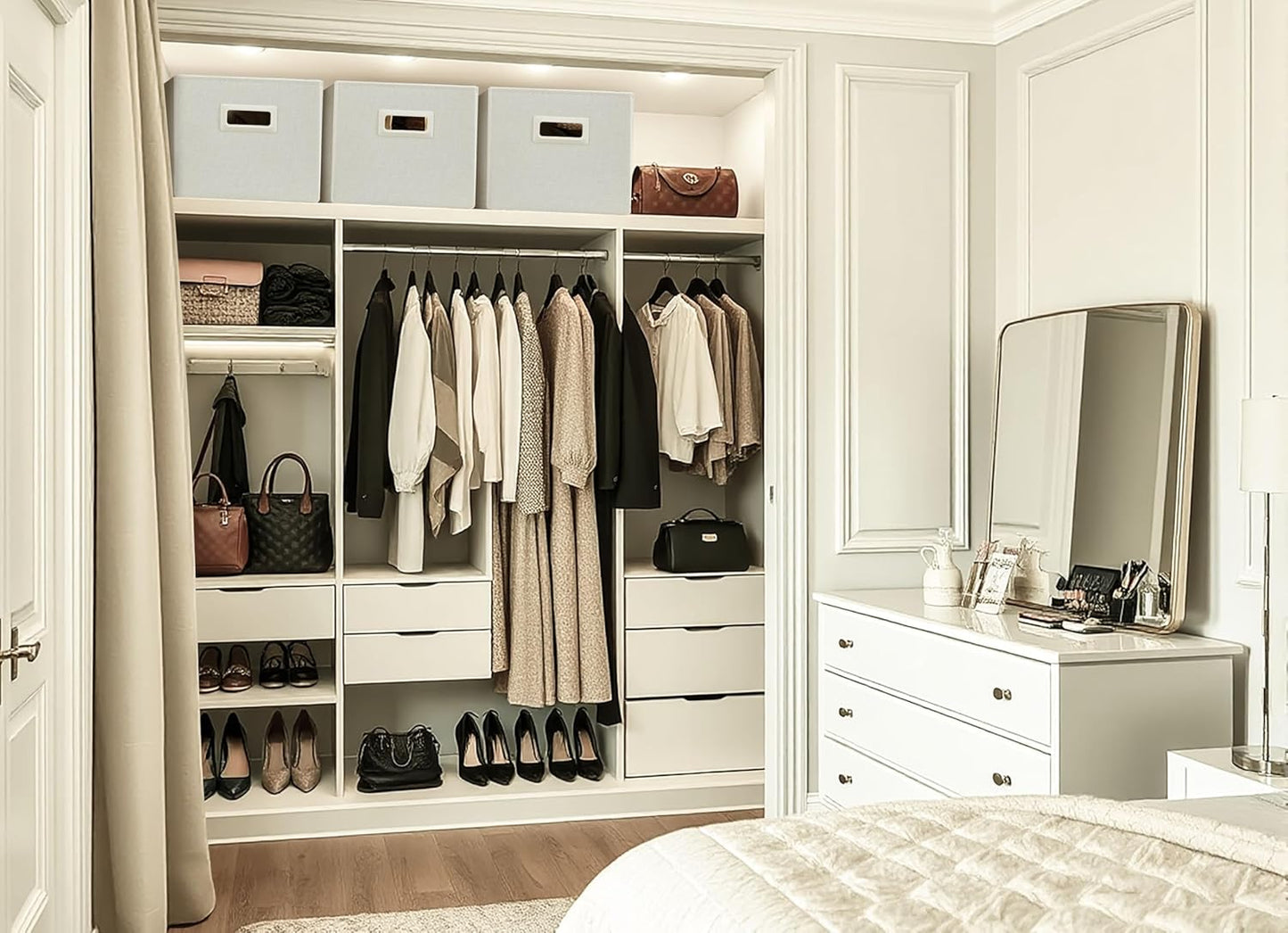 DECOMOMO Storage Bins for Shelves Robust Fabric Closet Bins for Shelves Toy Storage Clothes Books (Pack of 3 – Beige)