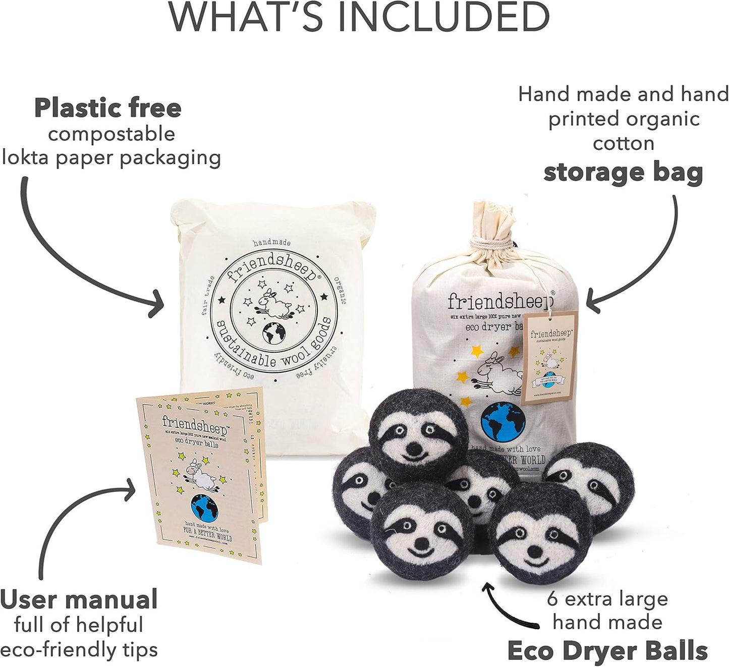 Friendsheep Wool Dryer Balls 6 Pack XL Organic Premium Reusable Cruelty Free Handmade Fair Trade No Lint Fabric Softener Gray Sloth - Sloth Squad