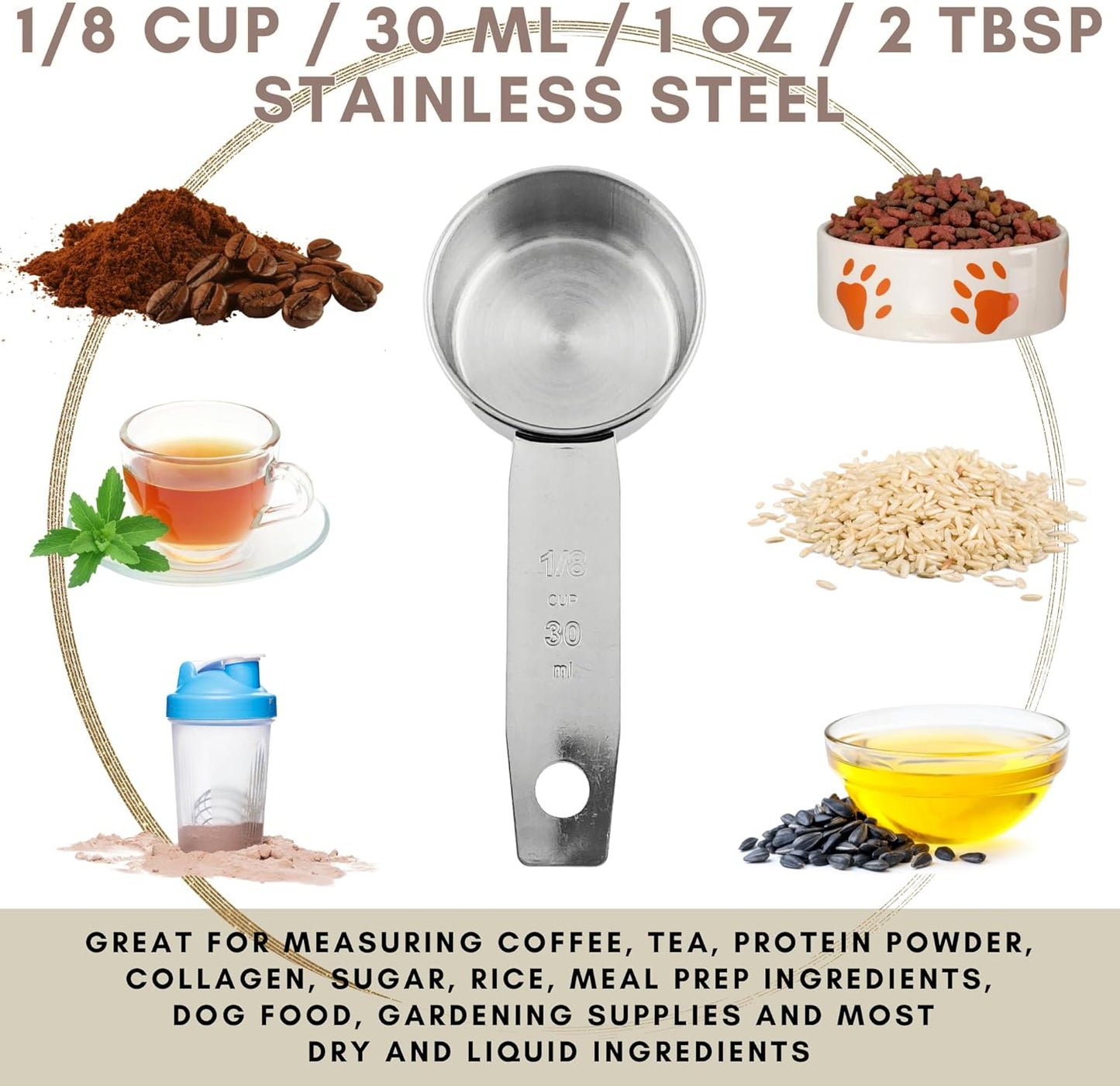 1/8 Cup Stainless Steel Measuring Cup | Sturdy Metal 30 ml | 30 cc | 1 oz | Single Cup for Wet and Dry Ingredients | Great for use as 1/8 Cup Coffee Scoop - 1 PK