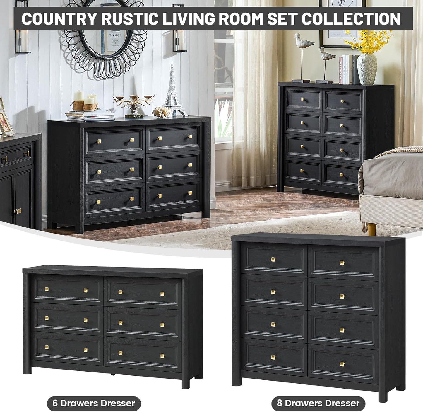 Farmhouse Dresser for Bedroom, 41" Tall Black Dresser with 8 Drawers, Soide Rustic Wood Vintage Dressers Chest of Drawers for Bedroom, Living Room, Hallway