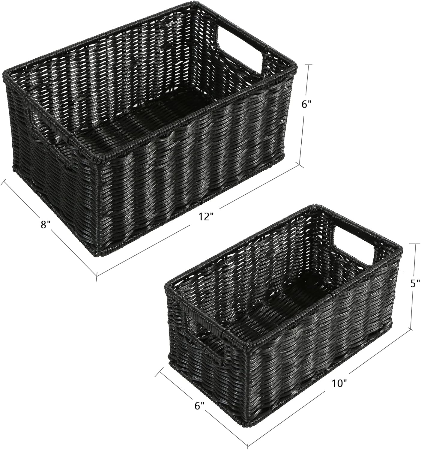 HOONEX Wicker Baskets for Storage, Plastic Baskets for Organizing with Dual Handles, Woven Baskets for Storage, Set of 2, Black