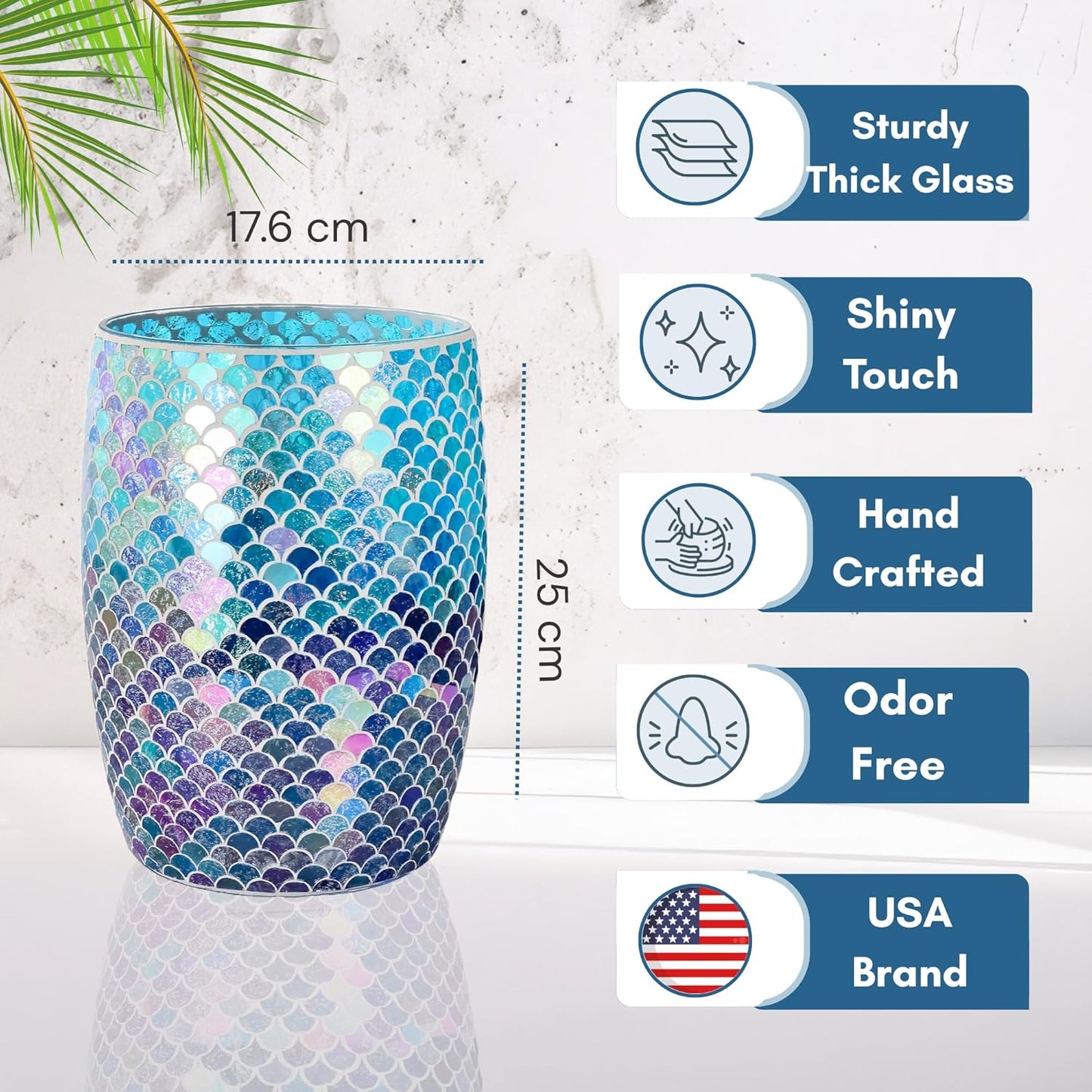 Escenzy Mermaid Bathroom Trash Can Mosaic Glass 5L | Decorative Small Garbage Can | 7" x 10" | Luxury Waste Basket for Restroom, Office, Bedroom & Kitchen | Shiny Glass Mermaid Bathroom Accessories