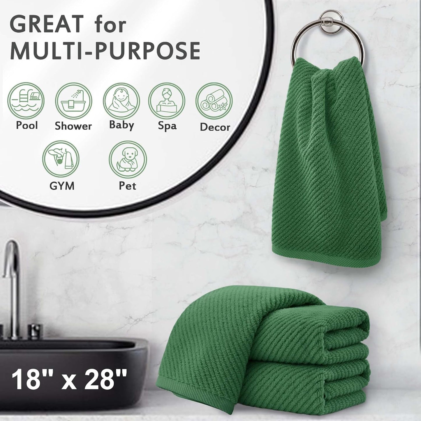 Green Hand Towels for Bathroom (4PC, Large 18"x28") - 100% Cotton | Quick Dry | Light Weight | Thick | Soft | Absorbency, Hand Towels for Showering, Bathroom Essentials Set, Hunter Green