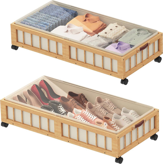 efluky 2-Pack Bamboo Under Bed Storage with Wheels, Rolling UnderBed Storage Basket with Large Dust Bag, Under Bed Storage Containers for Bedroom, Dorm and Basement, Nature