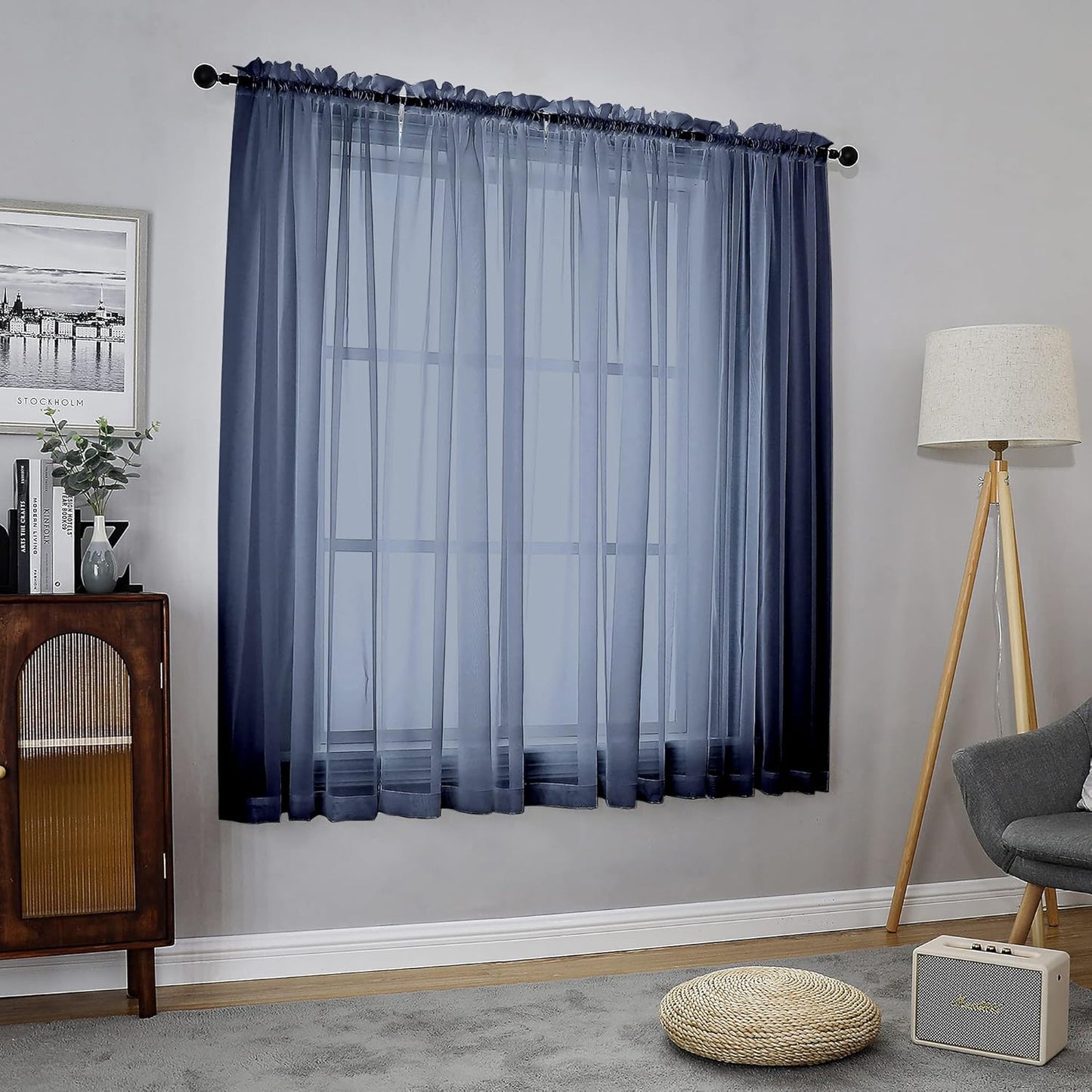 Chyhomenyc Sheer Curtains 63 Inch Length Set of 2, Rod Pocket Voile Drapes for Living Room, Bedroom, Window Treatments Semi Sheer Curtain Panels for Yard, Patio, Villa, Parlor, 42Wx 63L, Navy Blue