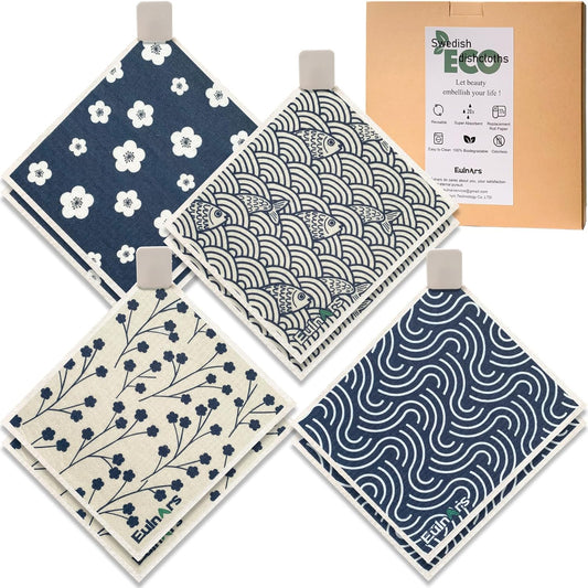 Swedish Dishcloths for Kitchen, 8 Pack Japanese Pattern Reusable Paper Towels with Clips, Non-Scratch Swedish Dish Towels, Super Absorbent Cellulose Dish Cloths, No Odor