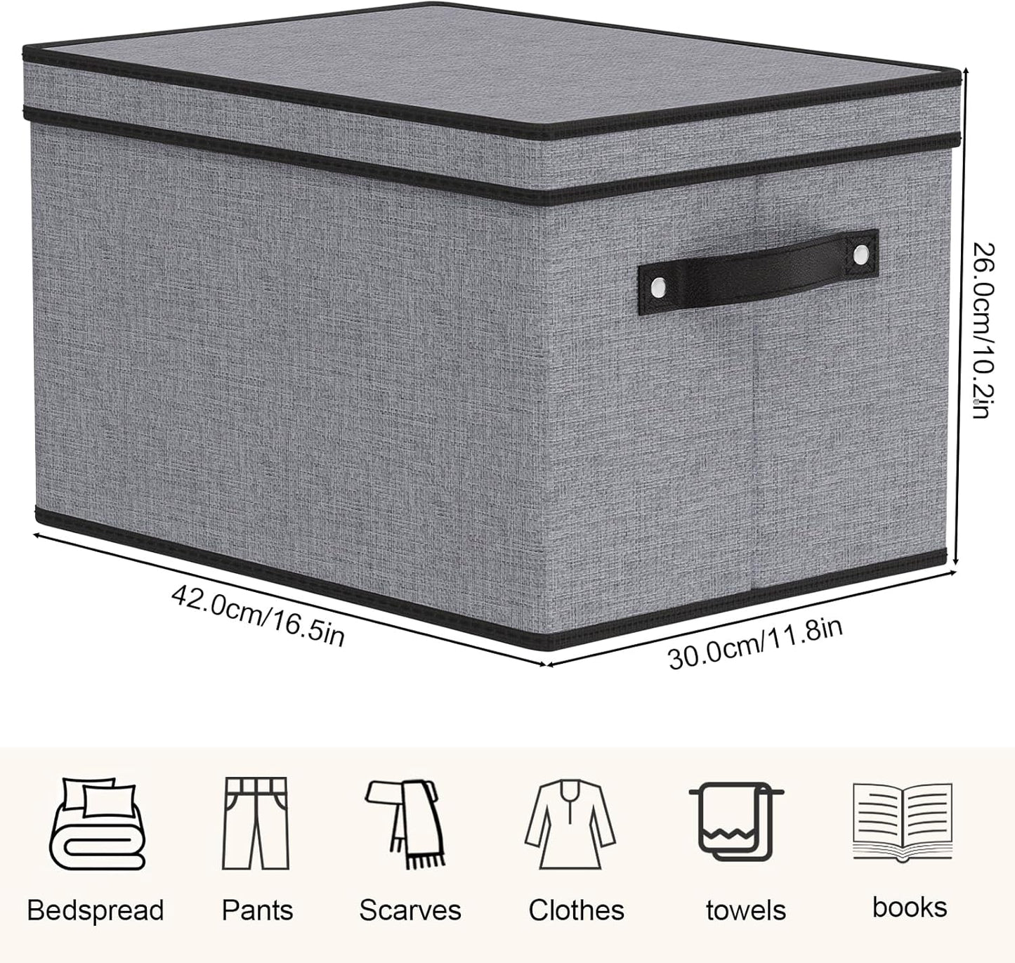 Clothing Storage Bins, Blanket Baskets for Shelves, Fabric Cubes with Handles and Lids, Decorative Linen Closet Organizers Boxes, Gray, 3 Pack, 16.5 x 11.8 x 10.2 Inch