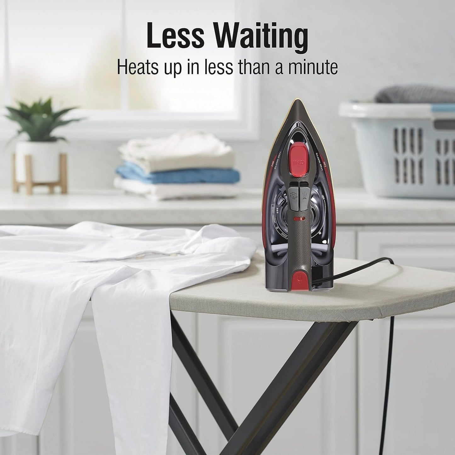 CHI Steam Iron for Clothes with 8’ Retractable Cord, 1700 Watts, 3-Way Auto Shutoff, 400+ Holes, Professional Grade, Temperature Control Dial, Titanium Infused Ceramic Soleplate, Black/Chrome (13109)