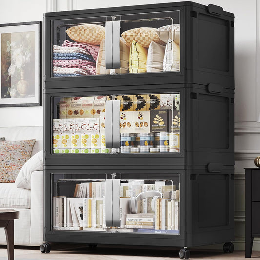 BROVIEW 480QT Stackable Storage Bins with Lids, 120Gal Extra Large Collapsible Storage Box with Wheel, Plastic Storages with Clear Door Open Front for Home Kitchen Garage, Black-3pack(3 lids)