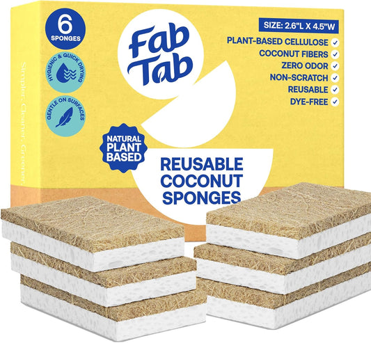 FabTab Coconut and Cellulose Sponges, Plant-Based, Non-Scratch Cleaning Sponges for Dishes, Sinks, Stoves, Countertops, Odorless Kitchen Sponge, Reusable, Dishwasher Safe 6-Count