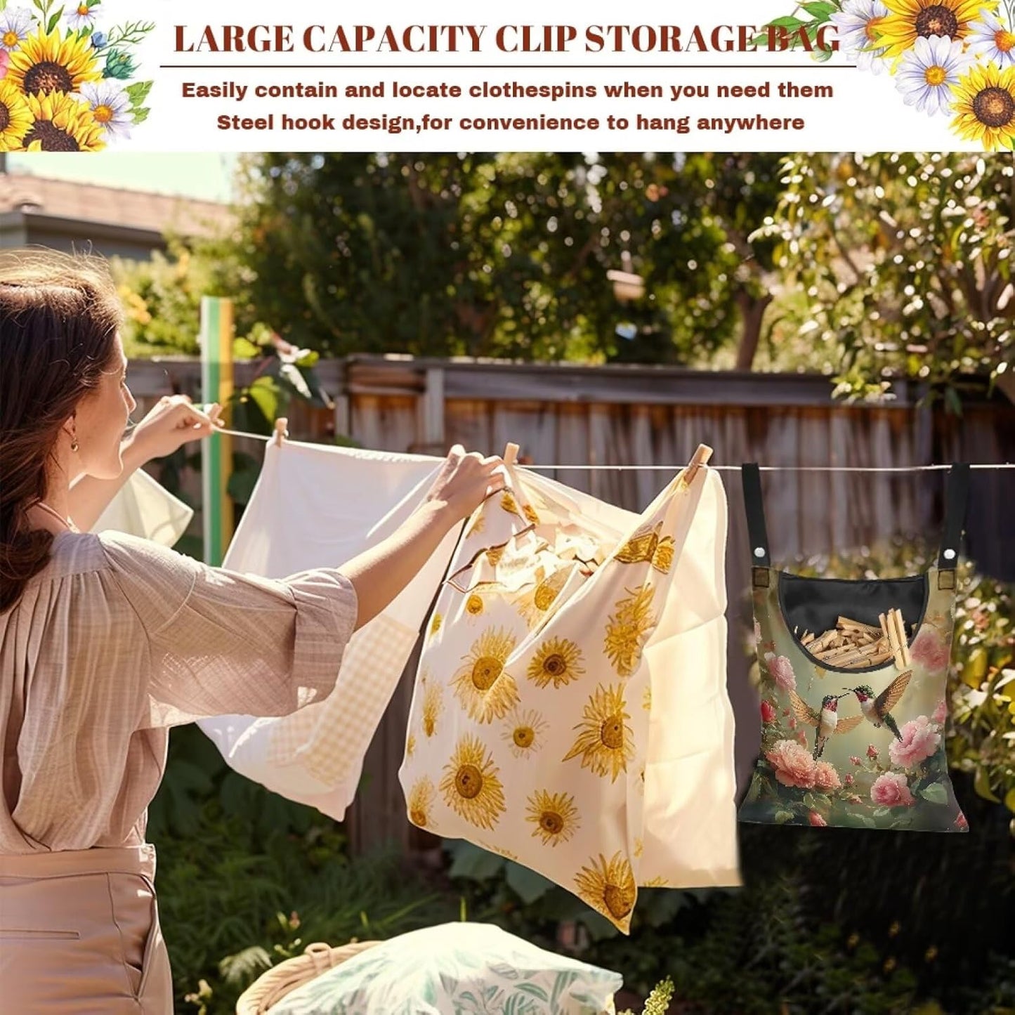 Clothespin Bag, Laundry Hanging Bag Fits Clothes Lines for Hanging Clothes Outside Balcony Bathroom Corridor Yard - Hummingbird Pattern