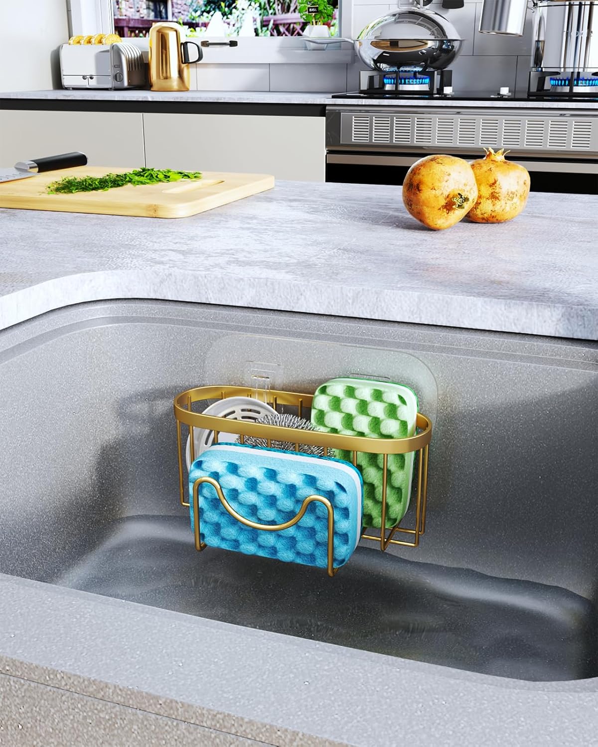 HapiRm Multifunctional Sponge Holder - 2 Installation Methods Sink Caddy with Unique M-shaped, Stainless Steel Kitchen Sink Organizer for Sponge, Brush, Stopper and Scraper - Gold