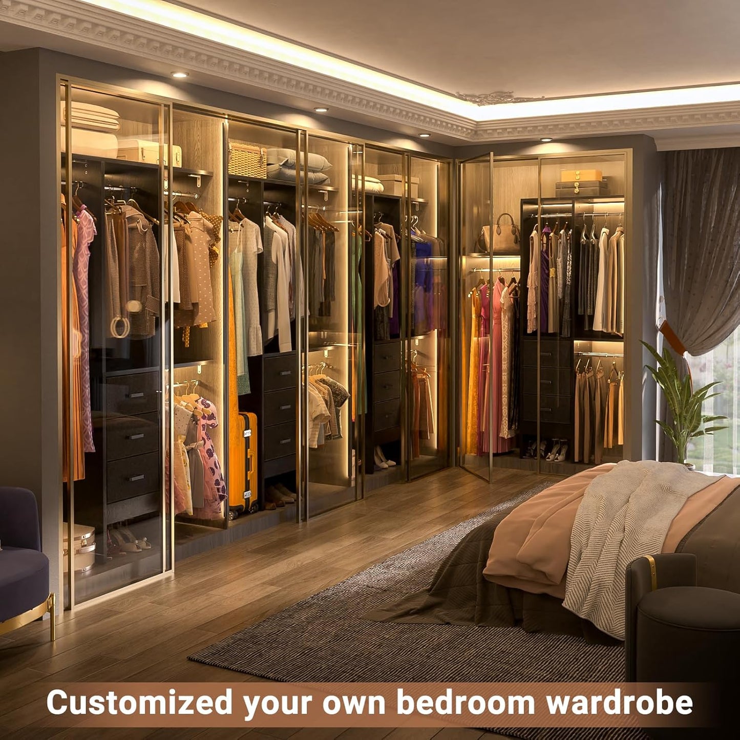 4FT Small Closet System with 3 Fabric Drawers, 48'' Closet Organizer System With 3 Adjustable Shelves, Flexible Built-In Clothes Garment Rack for Small Space, 48" L x 13" W x 71" H, Dark Black