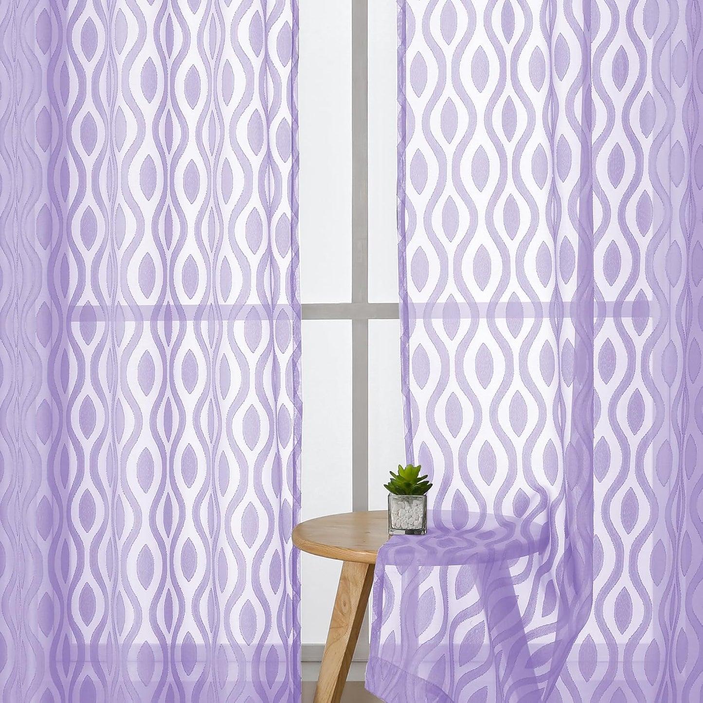 Aiyufeng Sheer Curtains 45 Inch Length 2 Panels, Farmhouse Soft Airy Lightweight Clip Jacquard Textured Curtains, Chic Wavy Line Window Curtains for Bedroom Living Room, Light Purple, 40Wx45L Inches