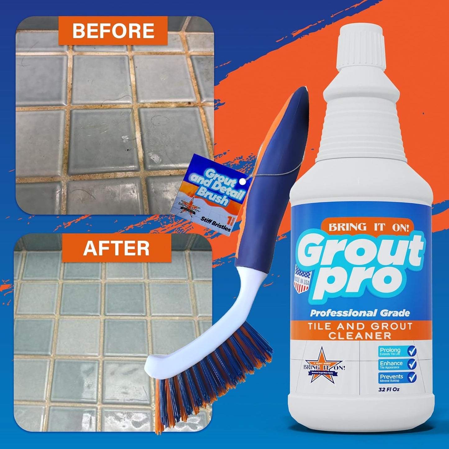 Bring It On Grout Cleaner Pro with Grout Cleaning Brush – 32Fl Oz Grout Cleaner for Shower Tile Includes 8-inch Heavy-Duty Grout and Tile Cleaner Brush – Effectively Removes Mineral Deposits