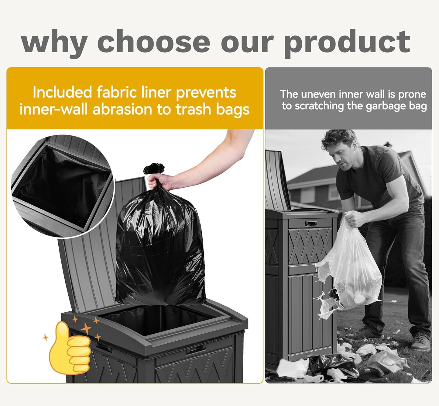 DWVO 36-Gallon Outdoor Trash Can with Fabric Bag, Tiered Lid & Drip Tray, Waterproof Resin Garbage Bin for Patio, Deck, and Backyard, Black