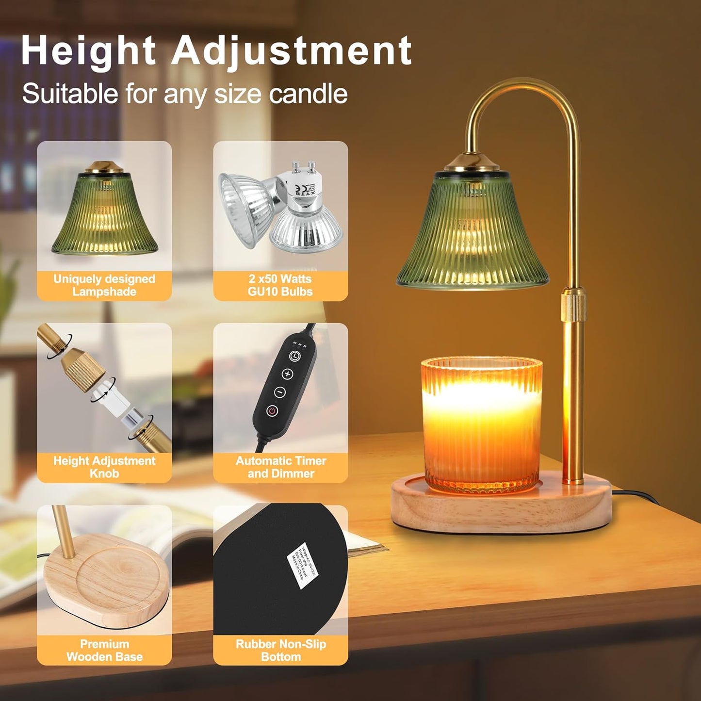 Candle Warmer Lamp, Height Adjustable Candle Warmer with Timer & Dimmer, Electric Candle Lamp with 2 50W Bulbs, Wax Melt Warmer for Scented Jar, Vintage Home Decor Glass Shade(Light Green)
