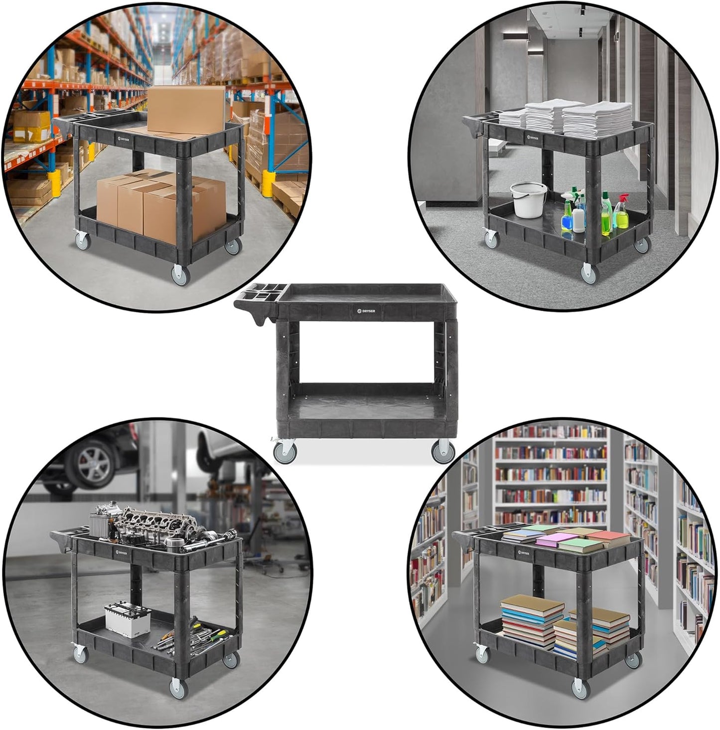 Dryser Utility Cart with Wheels, 46" x 25" Heavy Duty 550 lb. Capacity with Shelves - 2 Tier Rolling Cart with Two 5" Swivel Casters for Warehouse, Garage, Cleaning