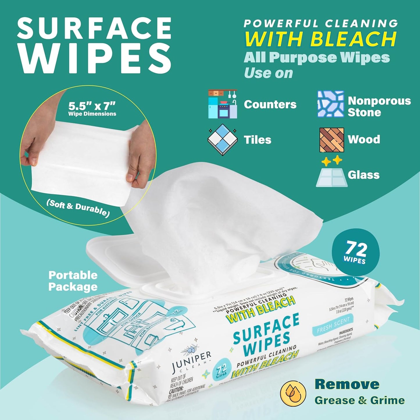 3 Pack Surface Cleaning Wipes with Bleach, All-Purpose Cleaner for Bathroom, Kitchen, Office, 216 Count Soft Flow, Fresh Scent, Lint Free & Durable