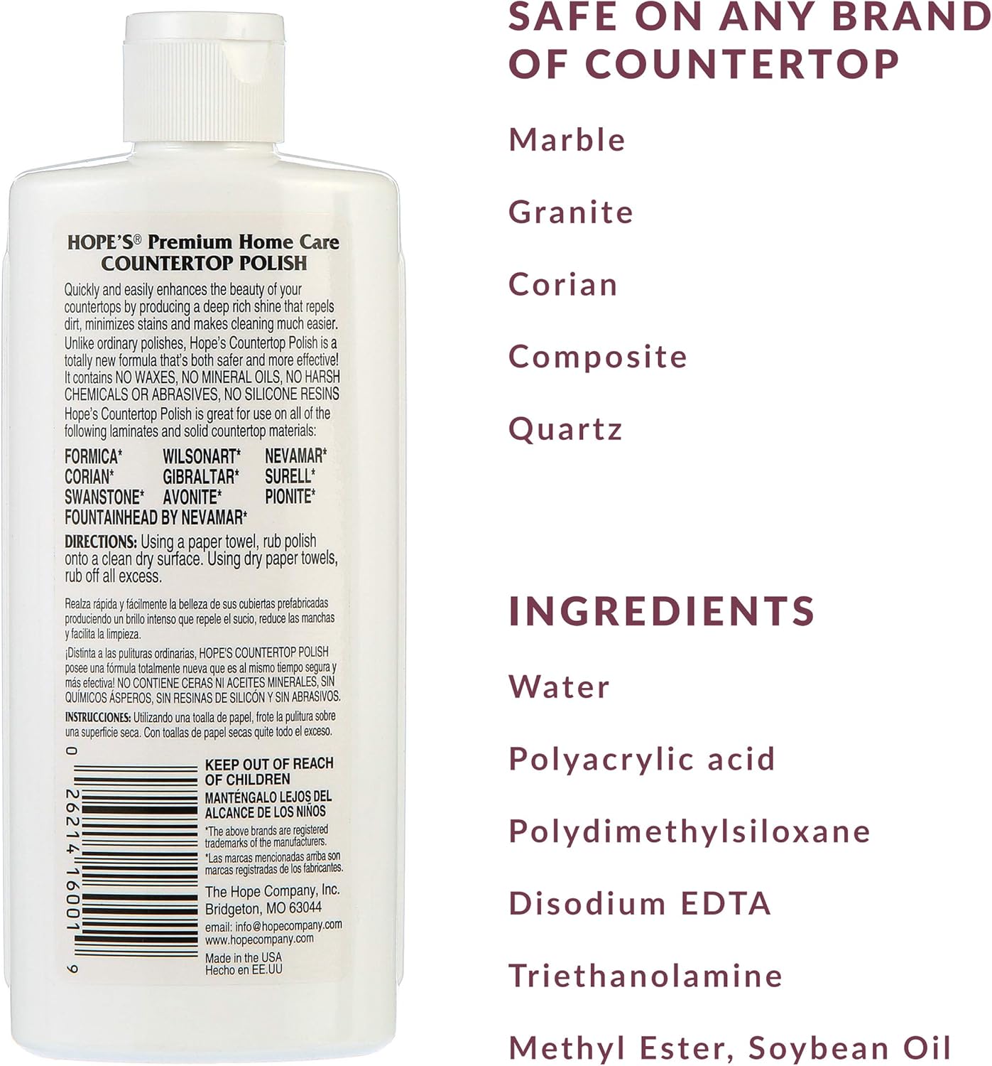 HOPE'S Countertop Restoration Polish, Streak-Free Kitchen Counter Cleaner, No Buildup Countertop Cleaner, Quartz, Marble, Corian, Composite, and Granite Cleaner and Polish, 8 Fl Oz, Pack of 12
