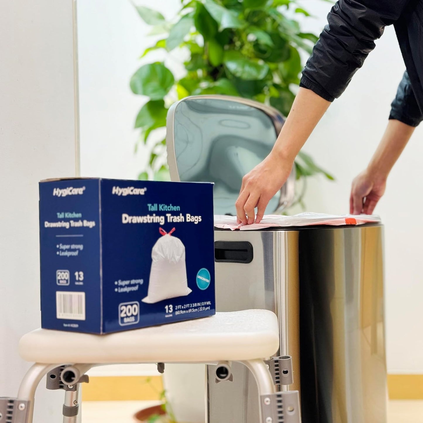 13 Gallon Tall Kichen Trash Bags, Unscented 200 Count Drawstring Garbage Bags, Pre-Separated, Ultra Strong, Leakproof, Sturdy, White