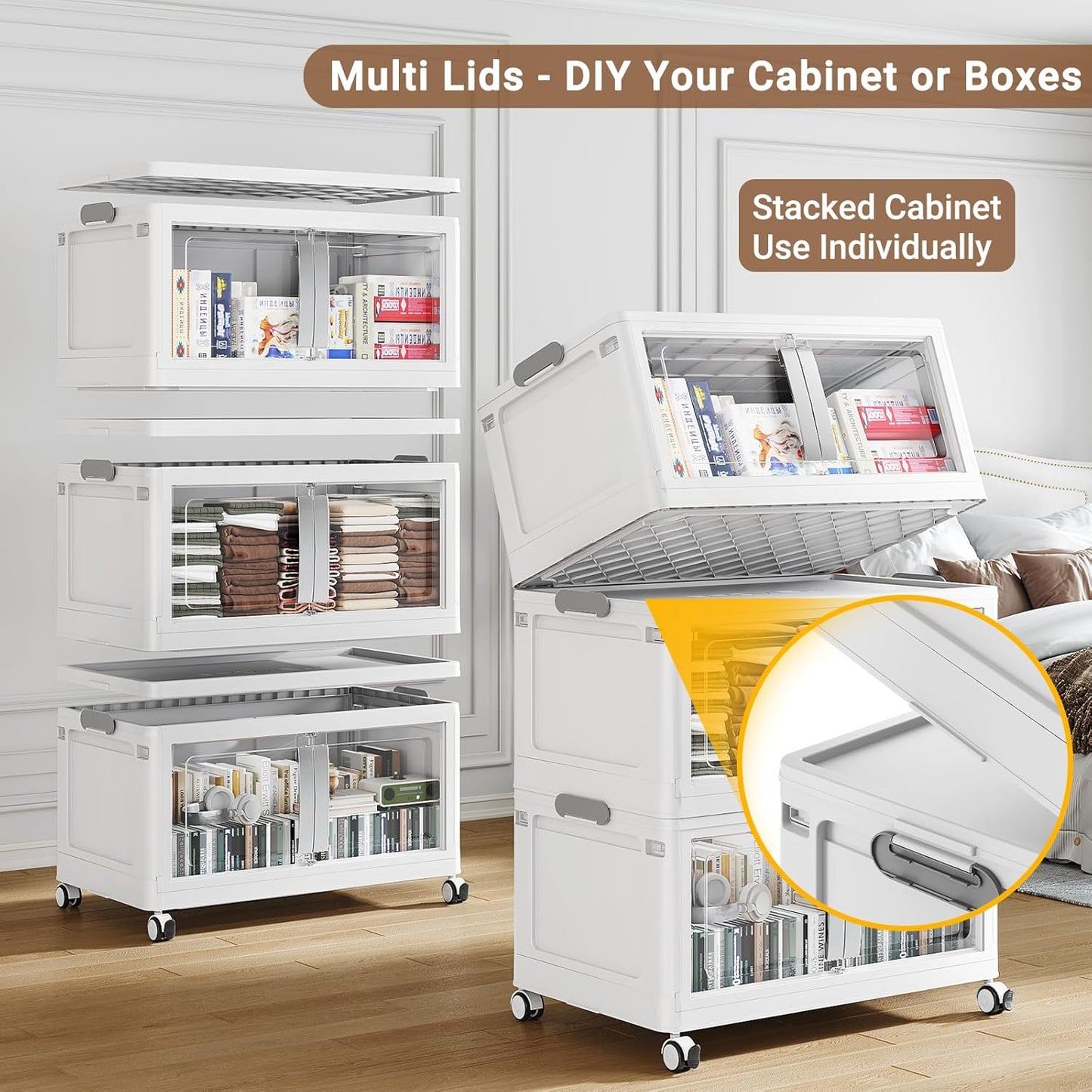 BROVIEW 480QT Stackable Storage Bins with Lids, 120Gal Extra Large Collapsible Storage Box with Wheel, Plastic Storages with Clear Door Open Front for Home Kitchen Garage, White-3pack(3 lids)