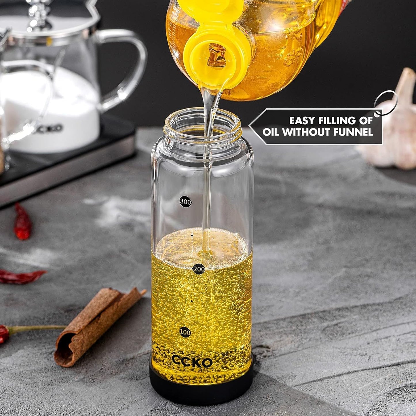 Glass Olive Oil Dispenser Bottle with Stainless Steel Spouts - Shatterproof 350ml Cooking Oil & Vinegar Cruet Bottle - Carafe for Kitchen