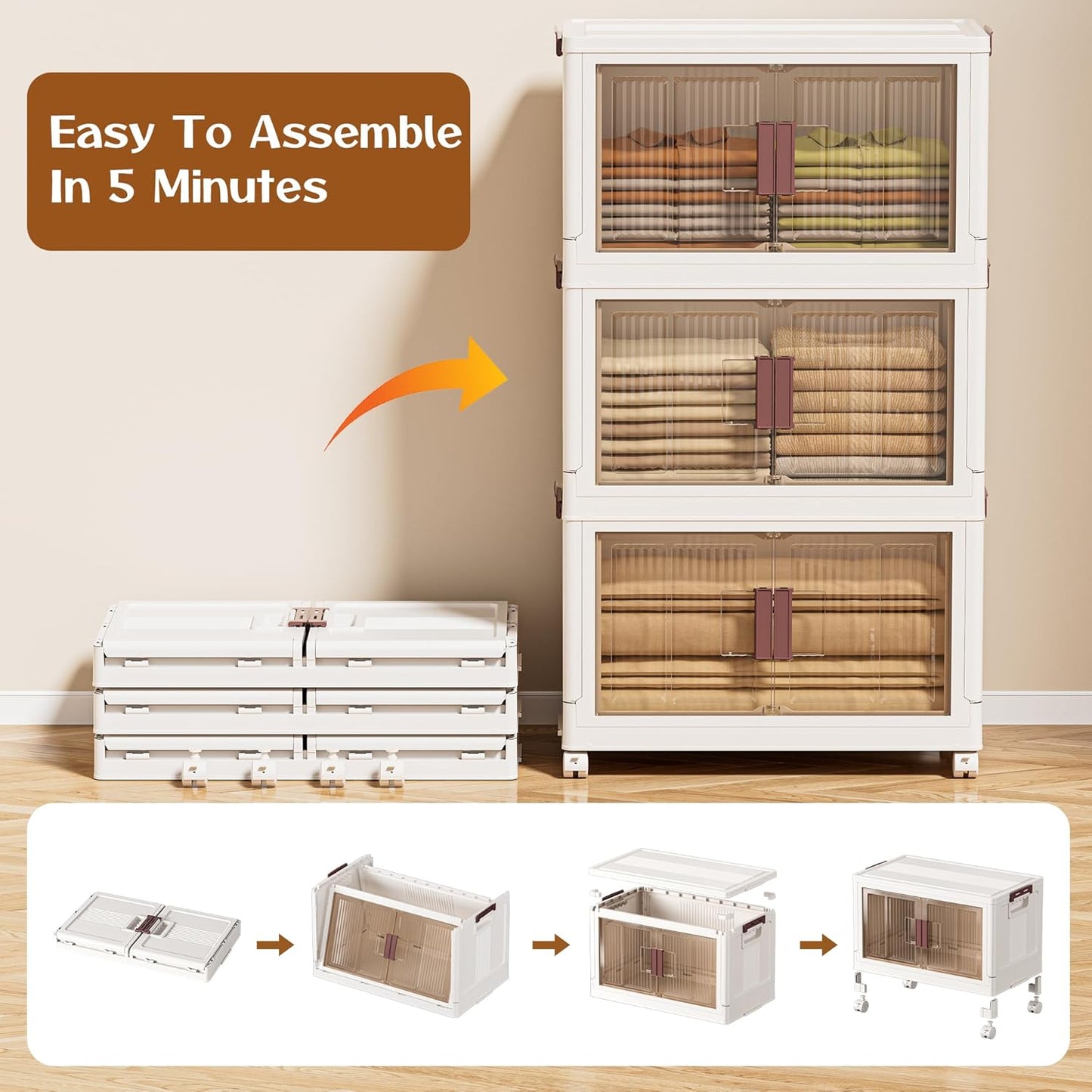 60GAL/240QT 4 Tier Large Stackable Storage Bins with Lids and Wheels, Collapsible Storage Bins Plastic with Doors, Suitable for Clothes, Closet, Home and Office