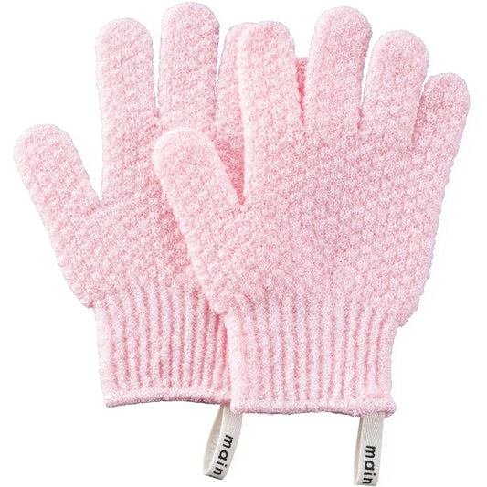 MainBasics Deep Cleansing Exfoliating Bath Gloves - Heavy-Textured Nylon Shower Scrub for Dead Skin Removal - Machine Washable with Hanging Loop (1 Pair, Soft Pink)