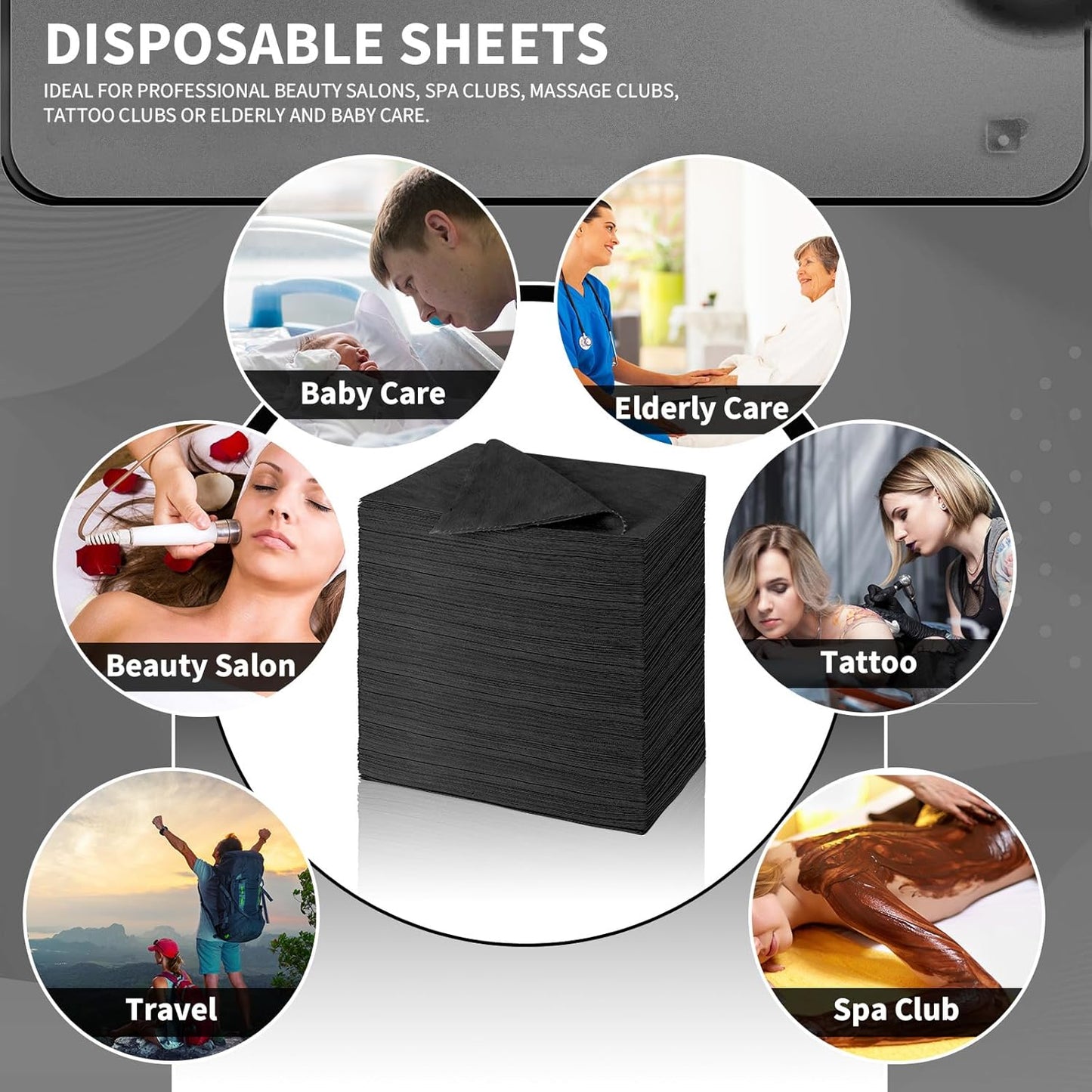 Breling 100 Pcs 31.5 x 71 Inch Disposable Bed Sheets Oil-proof PE Film Massage Table Sheets Non-woven Fabric Spa Waterproof Bed Cover Breathable for Beauty Salon Hotels Tattoo Waxing(Black)