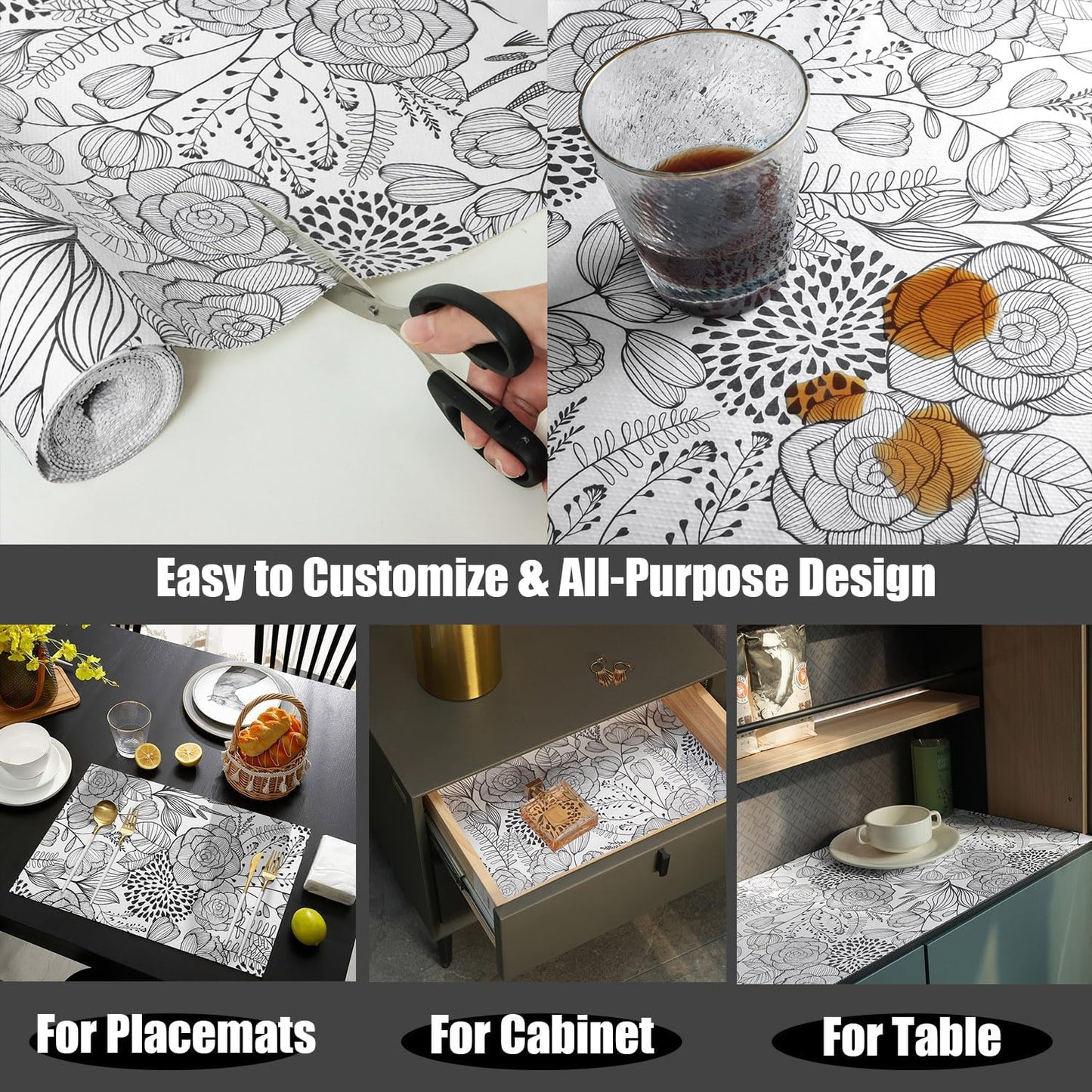 Floral Drawer and Shelf Liner for Kitchen 16IN x 10FT, Non-Adhesive and Strong Non-Slip Cabinet Drawer Liners, Waterproof Thickened Shelf Liner,Easy to Clean,Black and White
