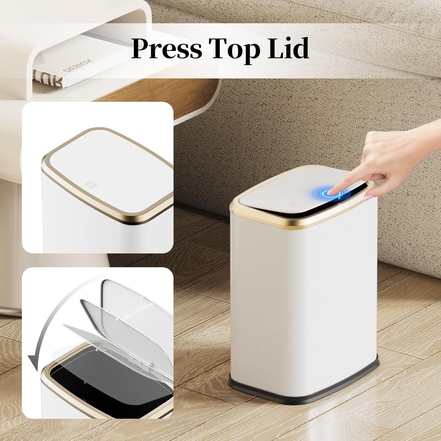 2.1 Gallon Bathroom Trash Can with Lid Press Top, 8 Liter Stainless Steel Garbage Can with Press Type Lid, Slim Trash Bin Waste Basket for Toilet, Office, Bedroom, Living Room (White)