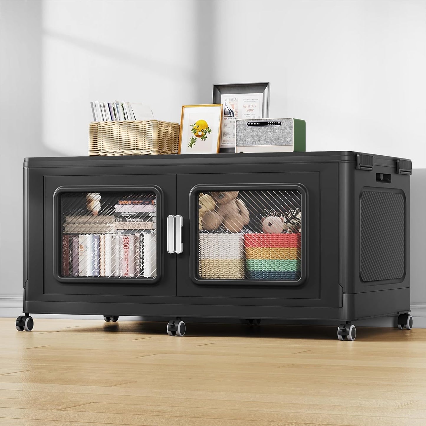 BROVIEW 300 Qt Stackable Storage Bin with Lid, 75Gal Extra Large Collapsible Storage Boxes, Folding Plastic Drawer, Heavy-Duty Store Cabinet, Closet Organizer for Home Kitchen, 1 Pack Black