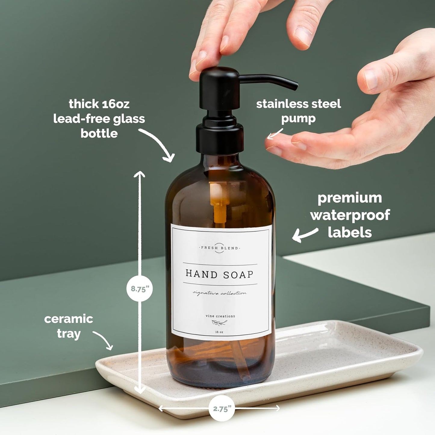 Vine Creations Amber Glass Soap Dispenser, 2 Pack Kitchen Soap Dispenser Set with Ceramic Tray, Stainless Steel Pump, Dish Soap and Hand Soap Dispensers for Bathroom Decor with Waterproof Labels