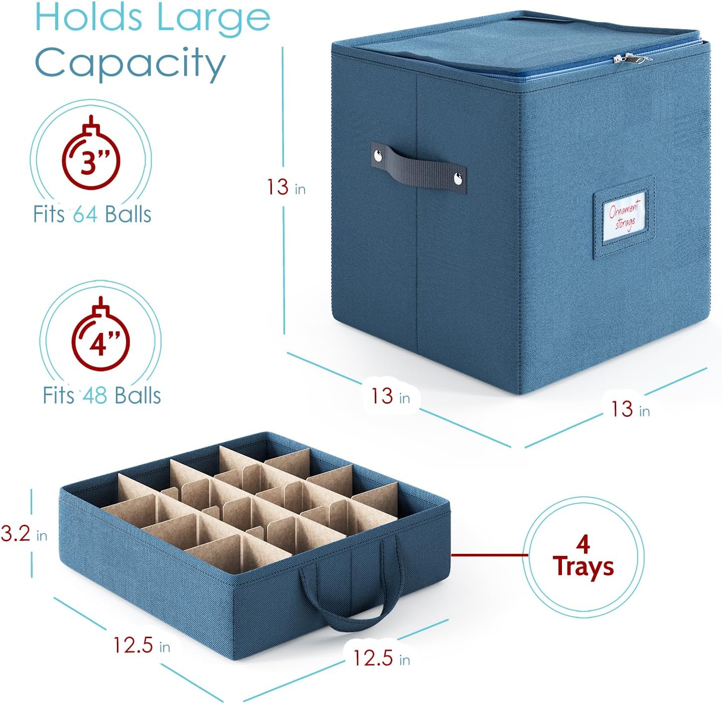 Hearth & Harbor Christmas Ornament Storage Box With 4 Inner Tray Dividers - Non-Woven Ornament Storage Container For 64 Holiday Ornaments or Decorations