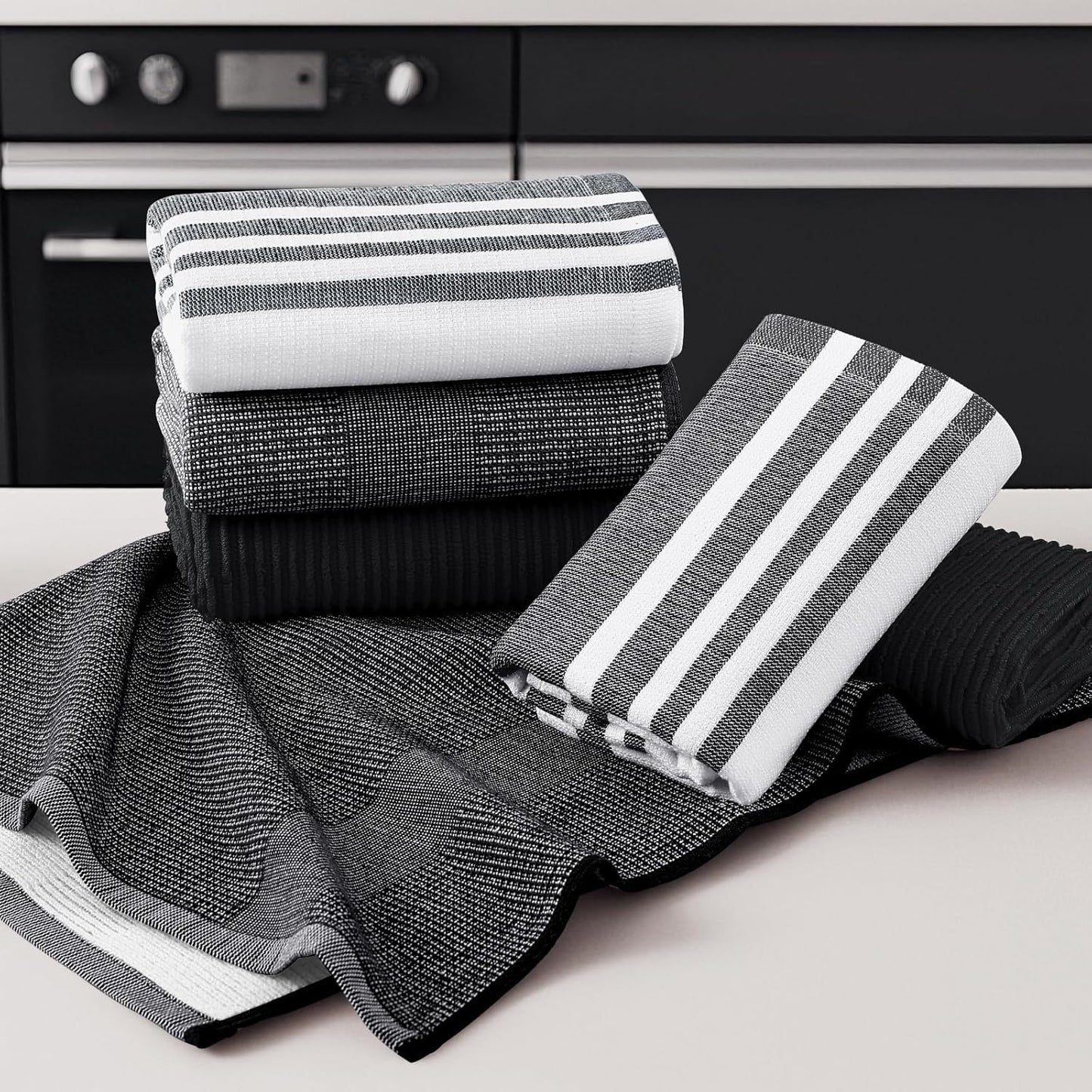 Homaxy Premium Kitchen Towels(18”x 28”, 9 Pack), Large Cotton 380 GSM Kitchen Hand Towels, Soft and Absorbent Terry Dish Towels, Multipurpose Tea Towel Set with Hanging Loop, Black