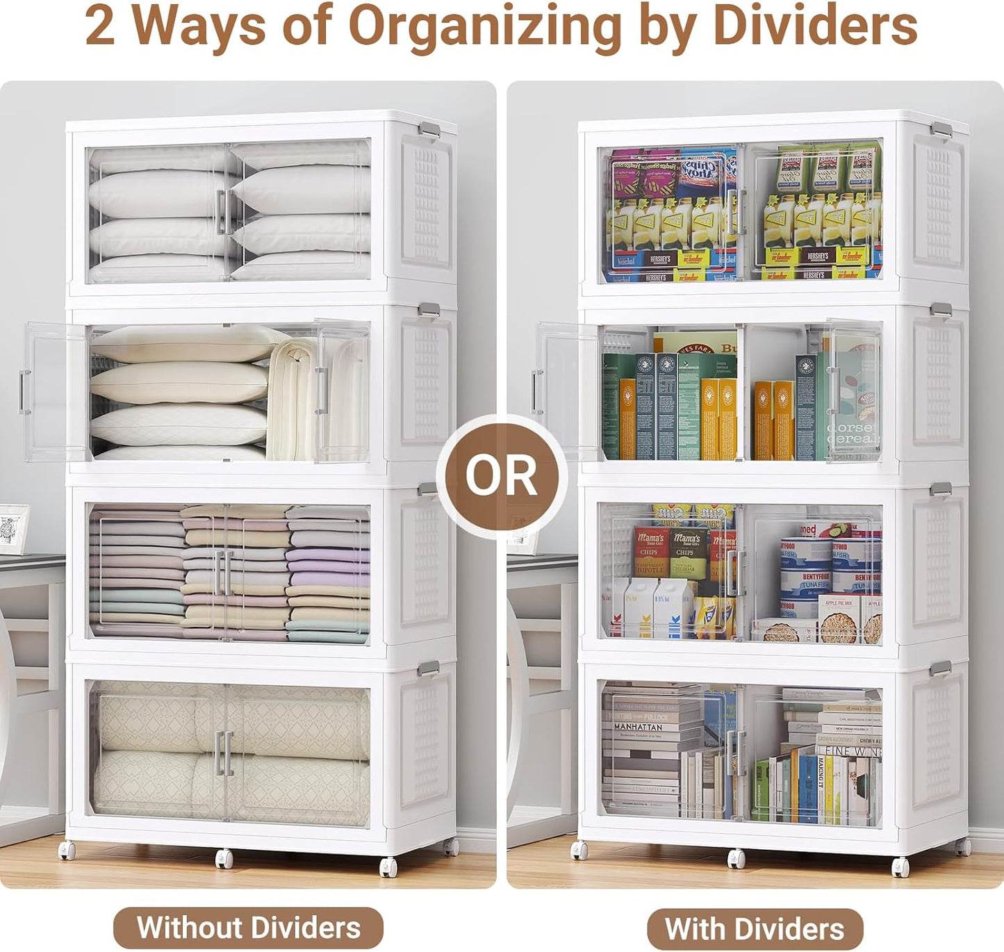 BROVIEW 800 Qt Plastic Storage Bins with Lid, Doors & Wheels, 4Pack Extra Large Stackable Collapsible Storage Bins, Closet Organizers and Storage Drawer, Foldable Cabinets for Home Office, White