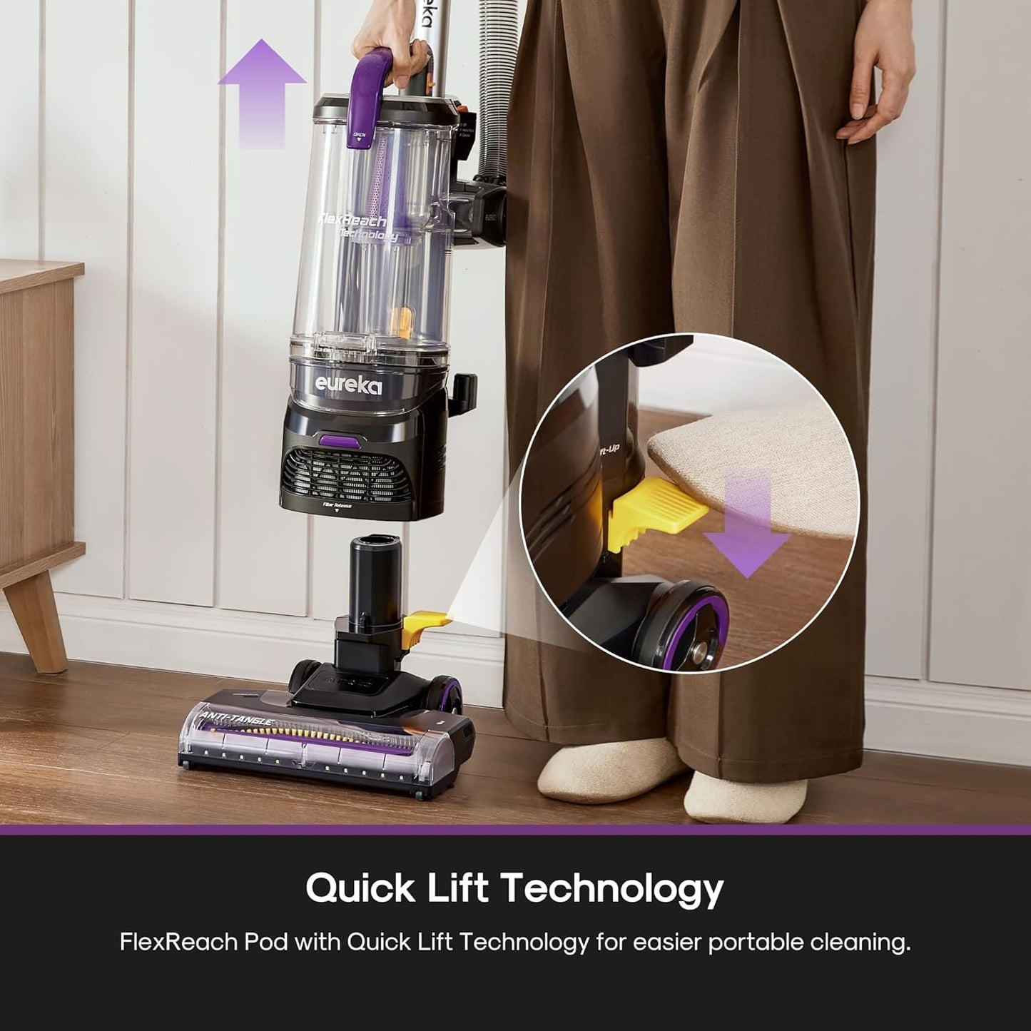 Eureka FlexReach Powerful Upright Vacuum Cleaner for Carpet and Hard Floor, Lift-Up Vacuum with Large Dust Cup, Anti-Tangle, NEU651PL, Purple