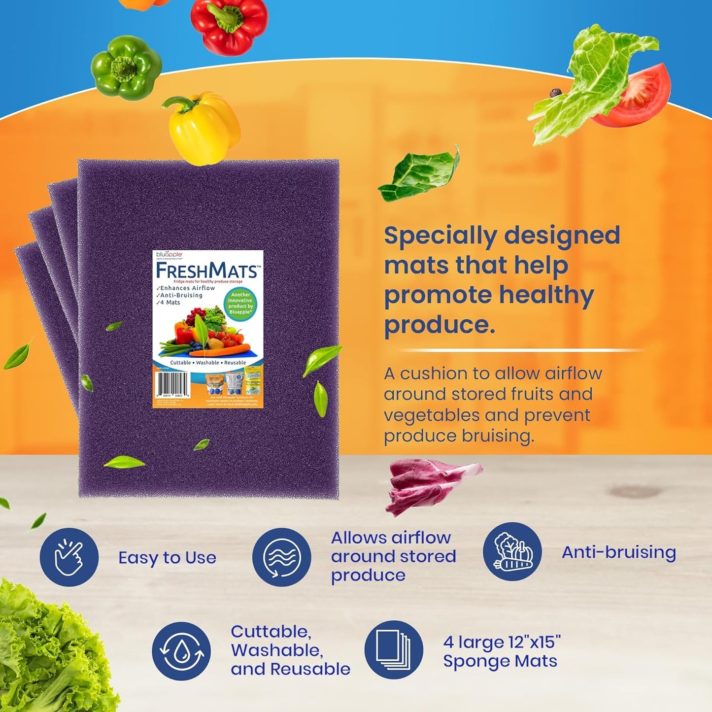 Bluapple FreshMats, Refrigerator Bin Liner, Fridge Drawer Mats, Crisper Life Extender Liner Keeps Produce Fresh Longer, Anti-Bruising, for Air Circulation, Washable & Reusable (4-Mats, 12x15, Purple)
