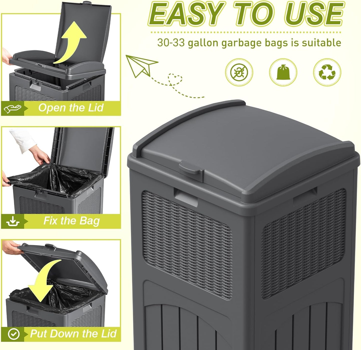 Greesum 33 Gallon Outdoor Trash Can with Lid (2-Pack), Heavy Duty Resin Garbage Bin, Waterproof & UV Resistant for Patio, Garden, Deck, Yard, Gray