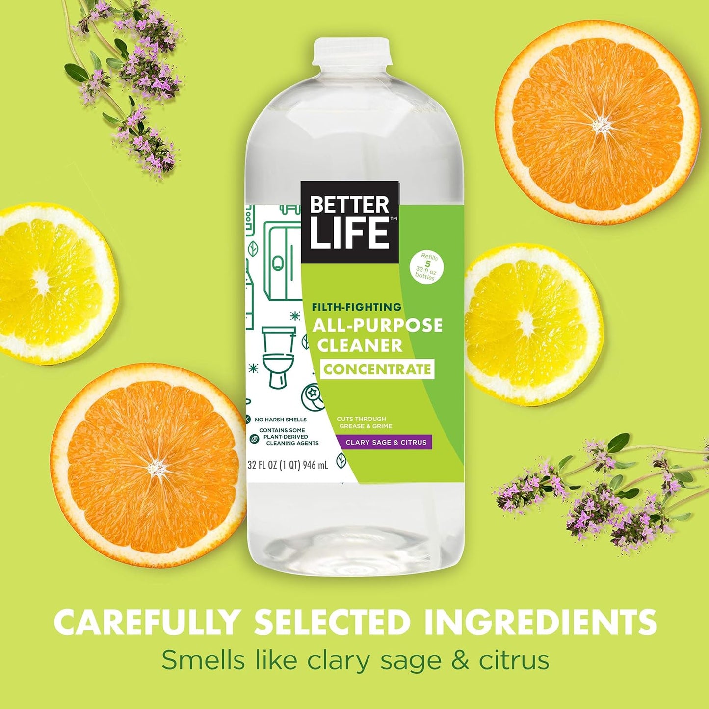 Better Life All Purpose Cleaner Concentrate- Multipurpose Home and Kitchen Cleaner for Glass, Countertops, Appliances, Upholstery & More - 32oz Clary Sage & Citrus Concentrate