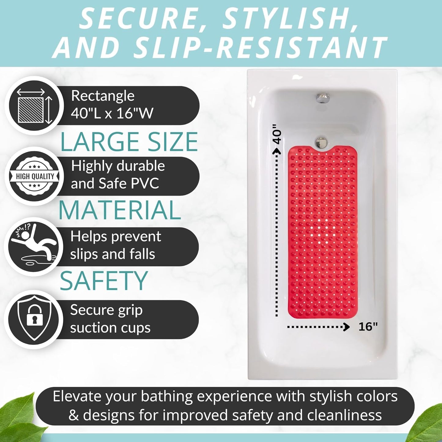 ENKOSI Non-Slip Bath Mat – Extra Long 40 x 16 Bathtub Shower Mat – Anti Slip Safe PVC Bathroom Tub Mat with Suction Cups & Drain Holes for Safety and Decor (40x16 Red)