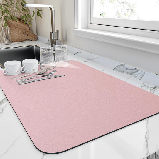 Dish Drying Mat for Kitchen Counter, Heat Resistant Drainer Mats with Non-slip Rubber Backed, Hide Stain Kitchen Super Absorbent Draining Mat, Easy to Clean Dish Rack Pad, Pink 18"x24"