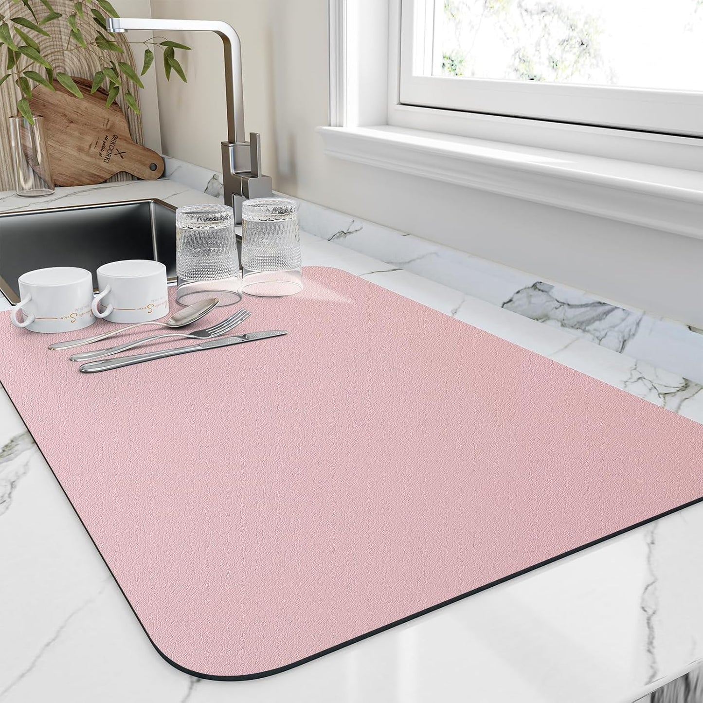 Dish Drying Mat for Kitchen Counter, Heat Resistant Drainer Mats with Non-slip Rubber Backed, Hide Stain Kitchen Super Absorbent Draining Mat, Easy to Clean Dish Rack Pad, Pink 18"x28"